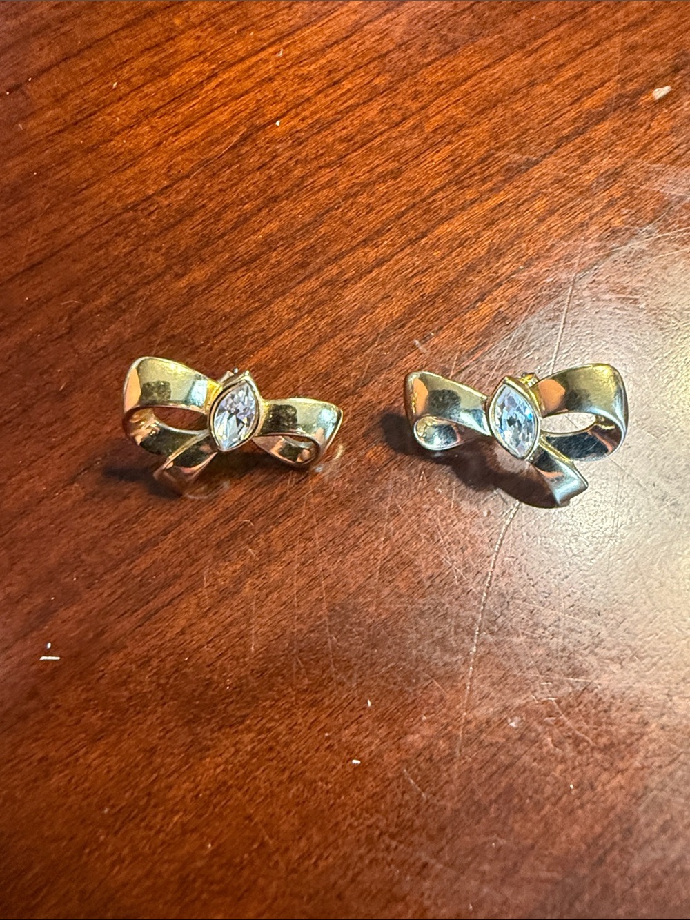 Vintage Monet Stamped Gold Bow Crystal Stud Earrings - Women's Jewelry